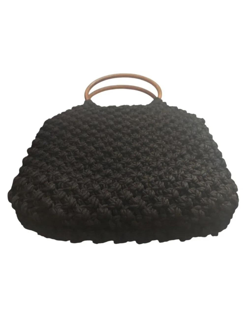 Macrame Crochet Handbag Handmade Black W/ Round Wooden Handles Lined Vintage 70s